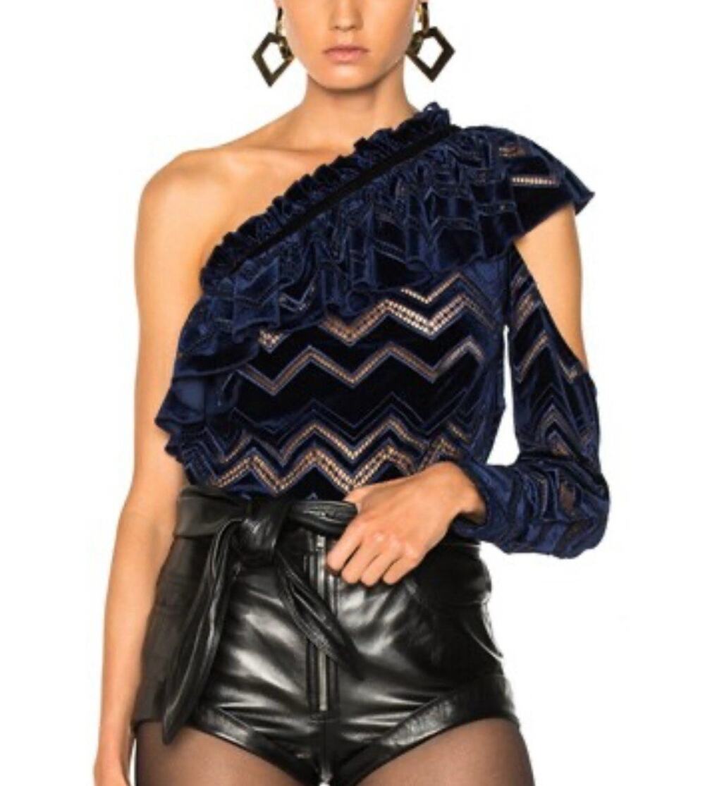 Self-Portrait Zig Zag Velvet Off-The-Shoulder Top in Navy Blue Ruffle Size US 6
